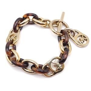 Michael Kors Tortoise Shell Gold Tone Oval Link Bracelet Womens Logo Toggle 7 in